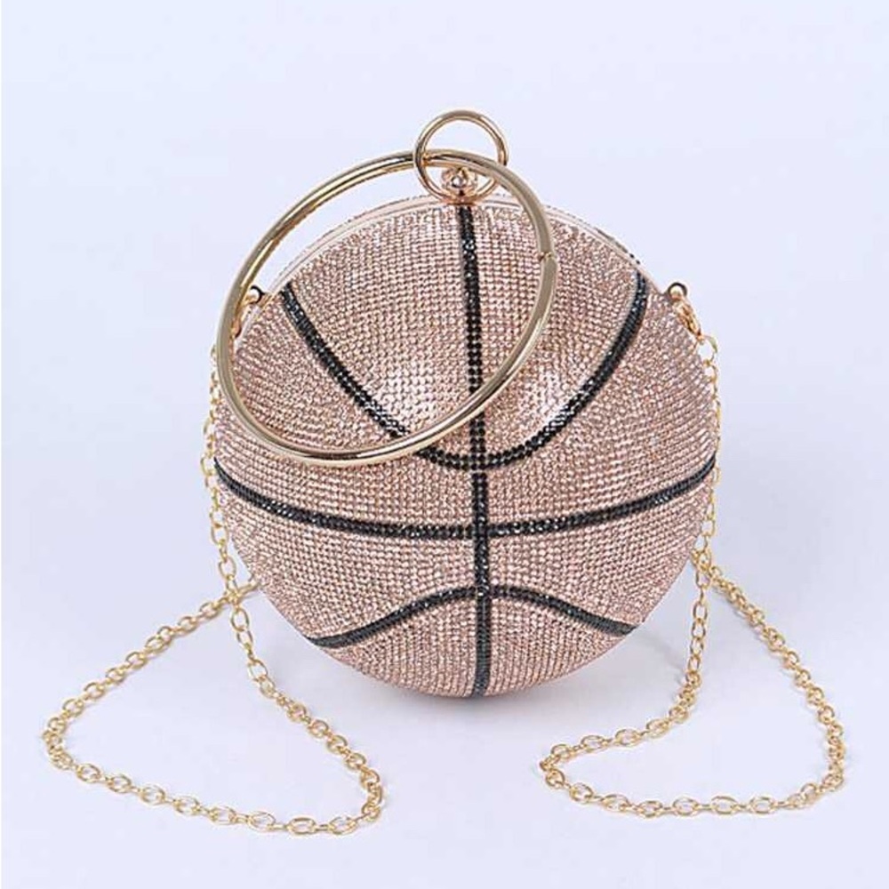 Gold Basketball Rhinestone Crystal Pendant Curved Clutch Purse